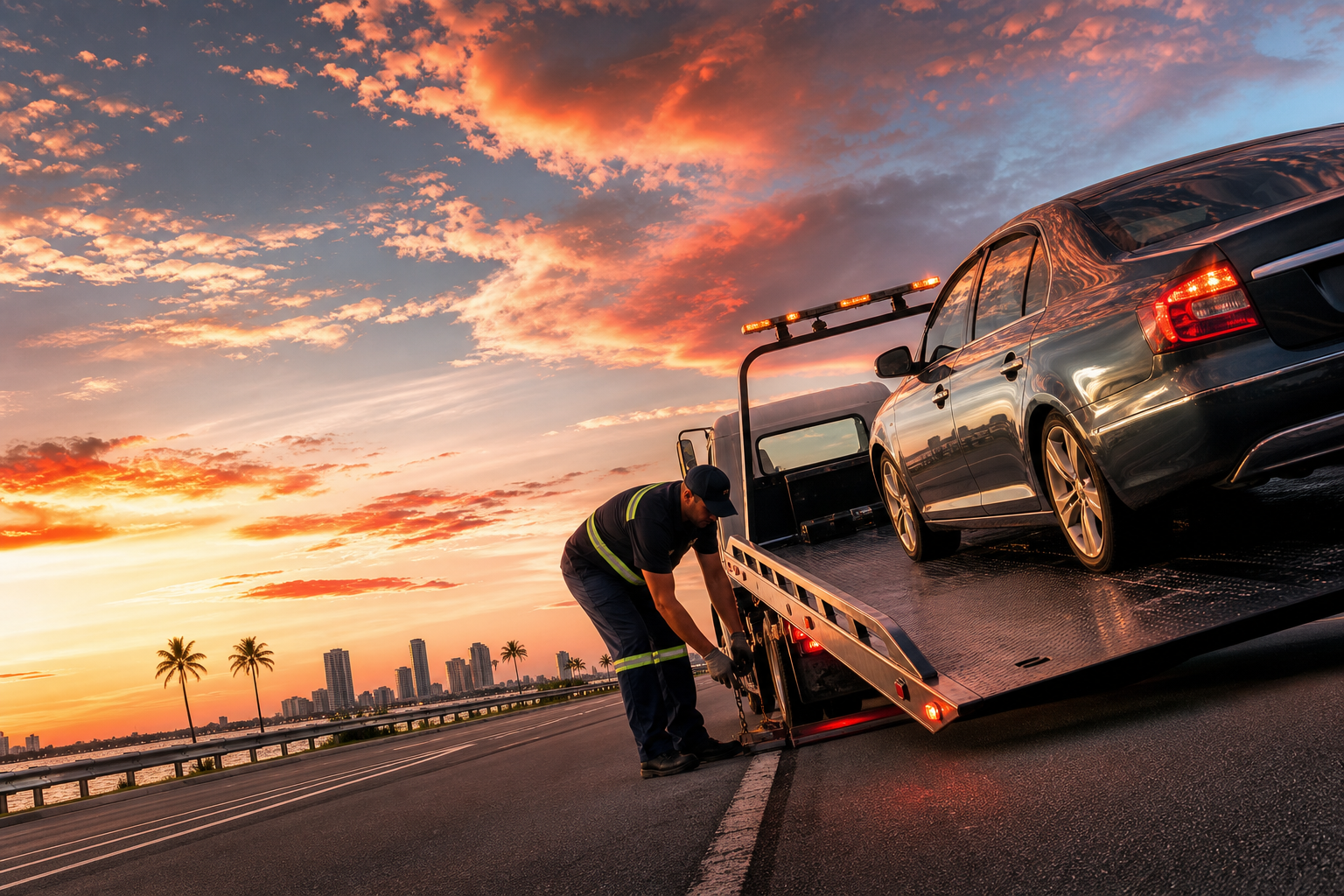 Roadside assistance vehicle approaching a disabled car beneath a warm sunset sky in West Palm Beach, Florida