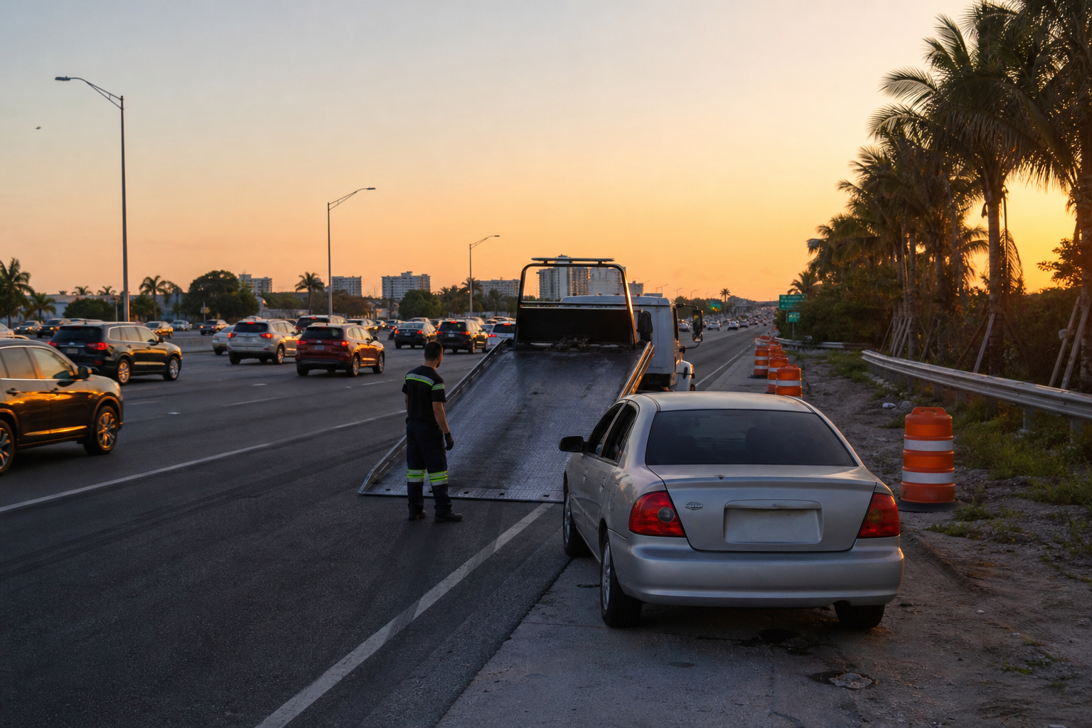 Disabled car positioned beside heavy West Palm Beach traffic while an unbranded flatbed operator evaluates safe loading access